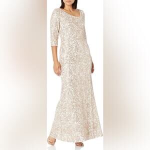 Alex Evenings Champagne Ivory Lace Sequin Trumpet 3/4 Sleeve Formal Gown 8